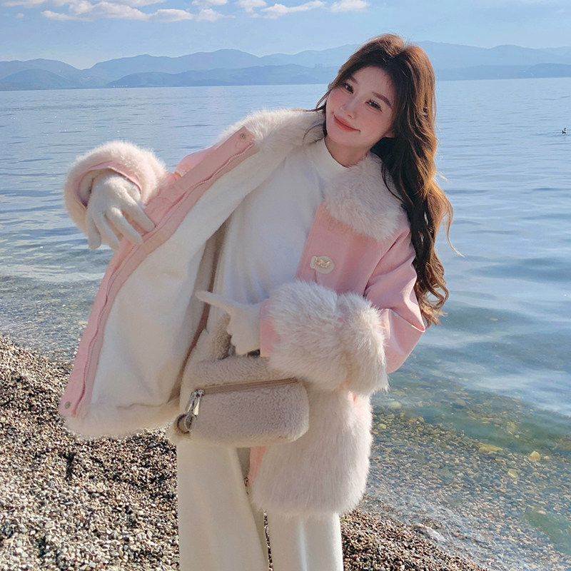 【！】粉色蝴蝶印花托卡兔毛内胆派克服2C079-3476-p205-k298，女装皮草，2C079