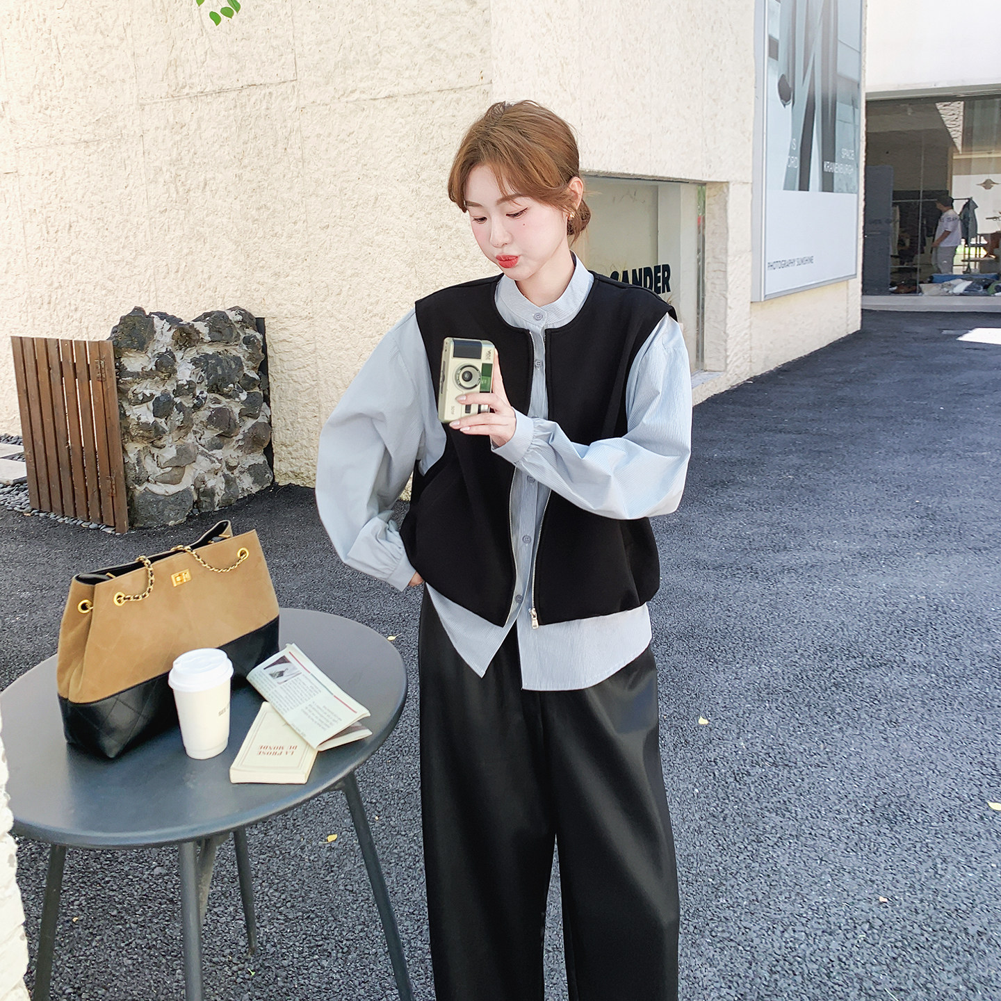 【档口有货】假两件卫衣拼接条纹皮裤两件套2C079-4520-p185-k278,女装套装/套裙,2C079