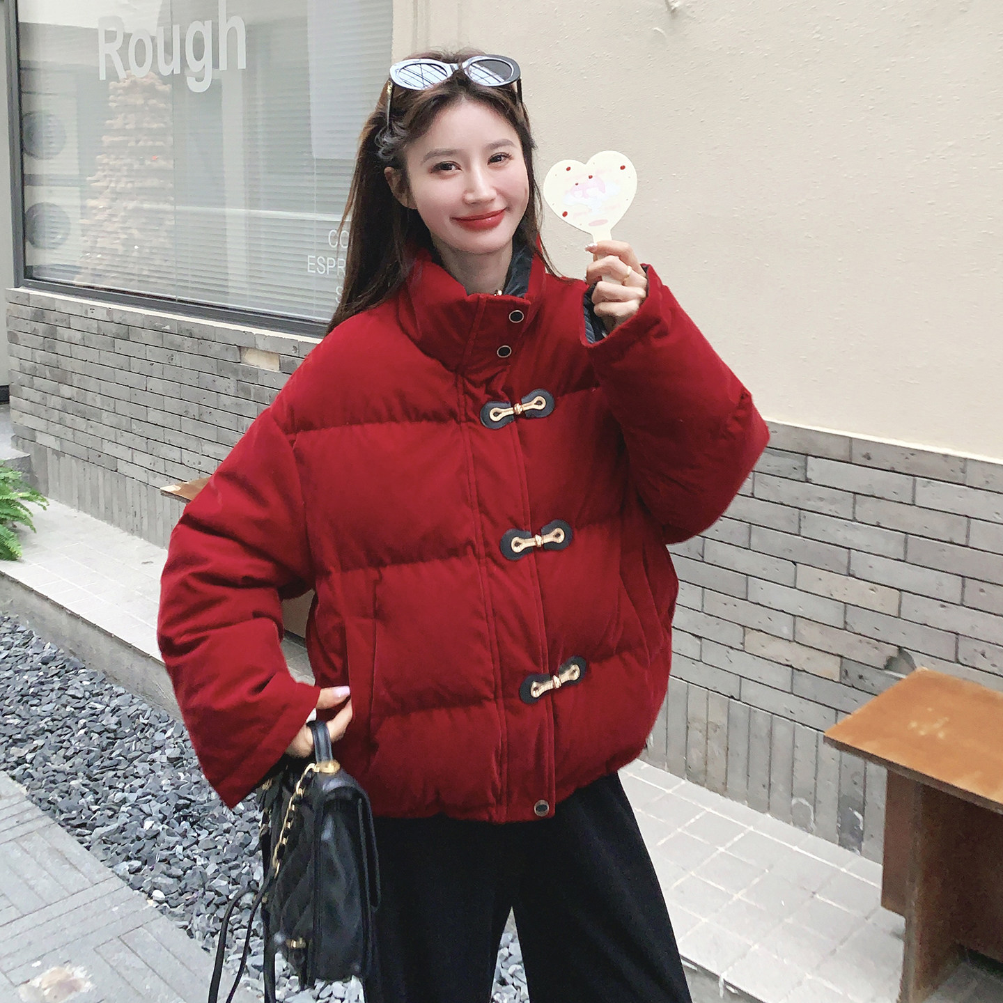 法式复古范红色绒感羽绒服2025冬季立领氛围感加厚双面穿时尚外套,女装羽绒服,2C079