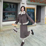 韩系复古仿皮草拼接羽绒服外套半身裙两件套女秋冬2025新款厚套装，女装套装/套裙，2C079