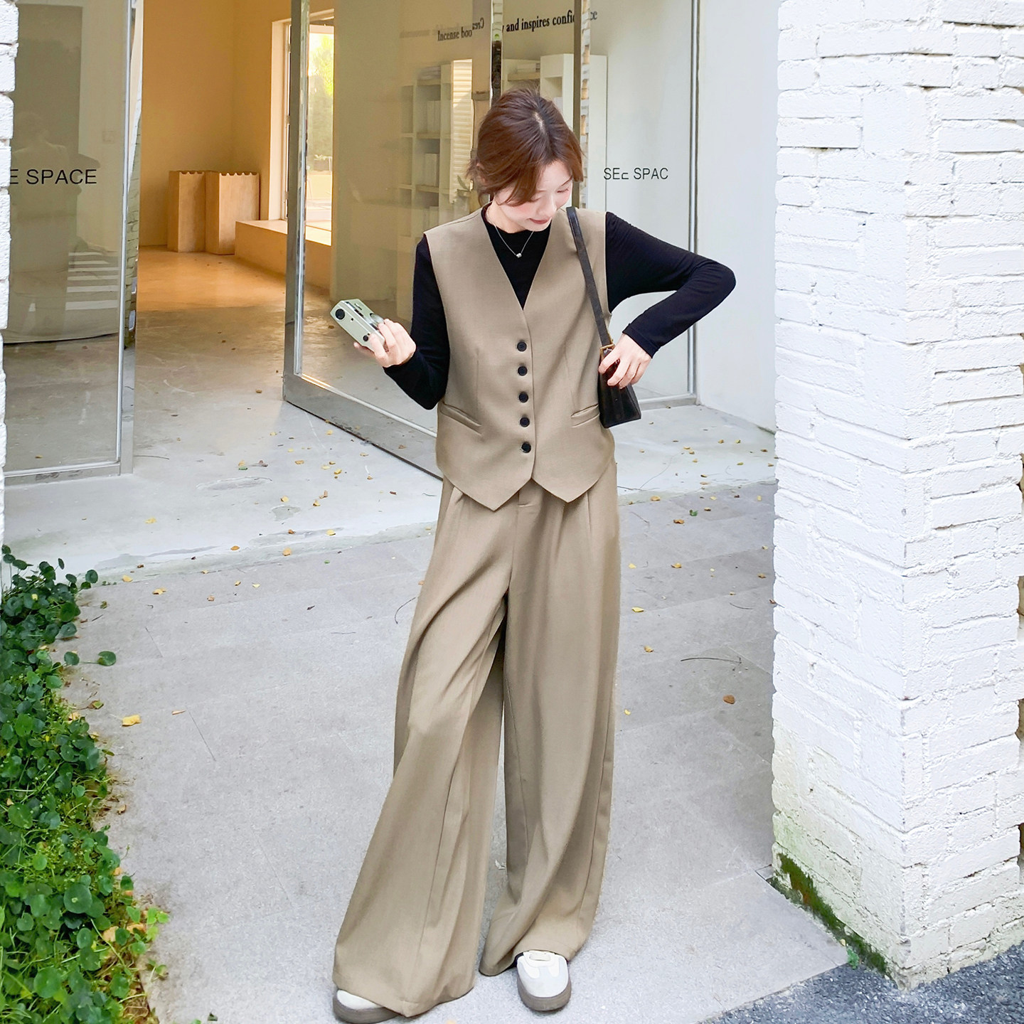 【档口有货】老钱风卡其马甲裤子两件套2C079-4507-p160-k248,女装套装/套裙,2C079