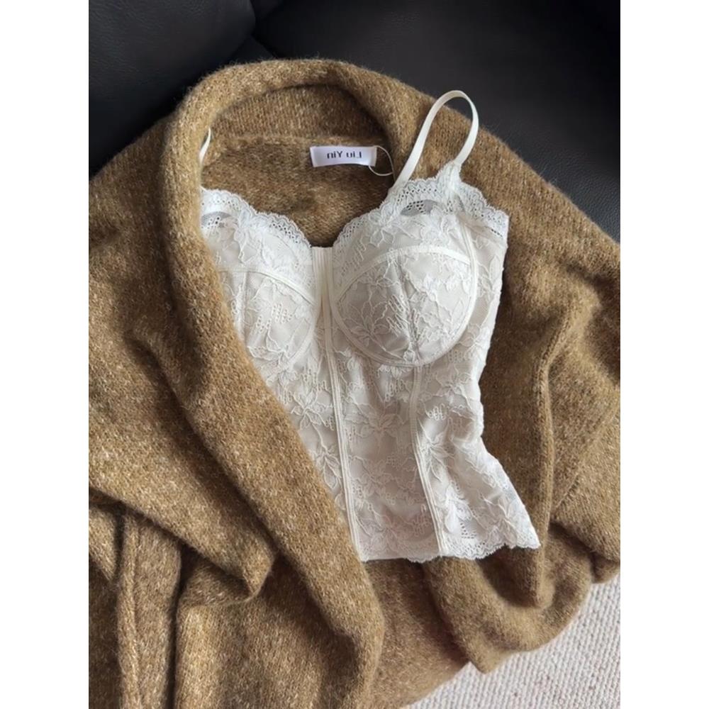 纯欲风蕾丝磨毛保暖带胸垫吊带背心女可外穿修身显瘦内搭打底上衣