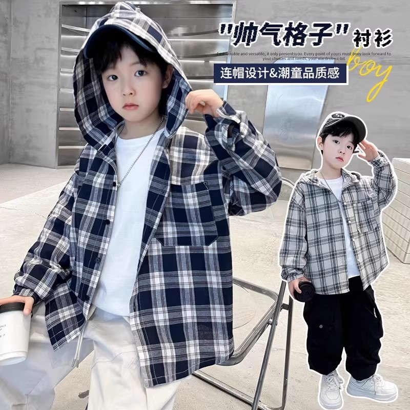 男童格子衬衫春秋款宽松韩版