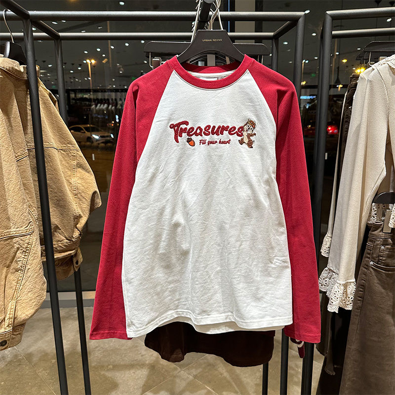 美式正肩上衣长袖印花T恤女