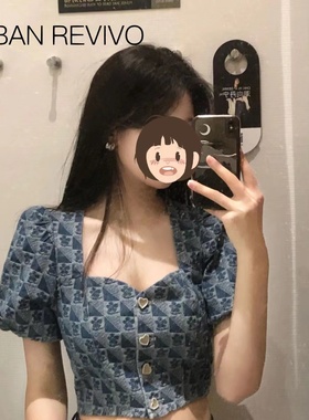 YT&UR蓝色方领露背短款泡泡袖老花牛仔外套衬衫女夏WG22SBMN2000