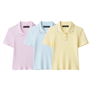 水钻毛衣女夏季 甜美风修身 针织衫 显瘦短袖 6050005 POLO领上衣短款