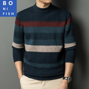 中青年撞色圆领长袖针织衫秋冬季男士休闲百搭气质条纹打底毛衣男