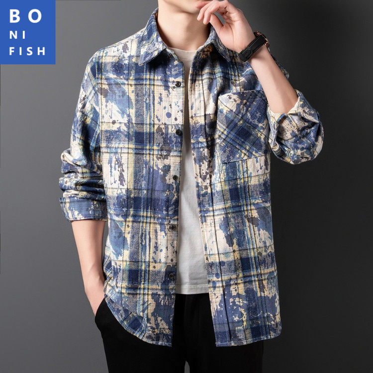 时尚迷彩格纹中青年长袖衬衫春秋季休闲韩版潮流外穿男士百搭衬衣