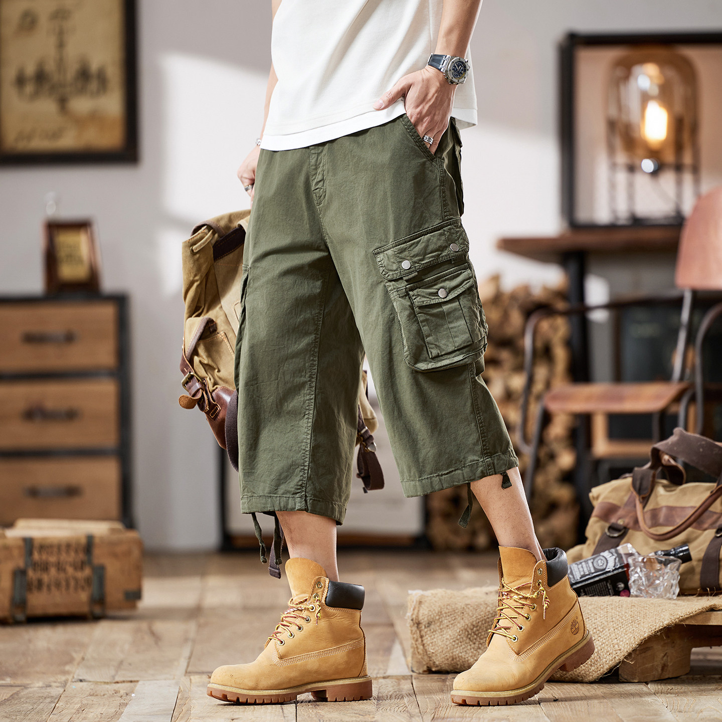 美式重磅工装八分裤男士宽松直筒大码中裤夏季薄款复古休闲短裤男