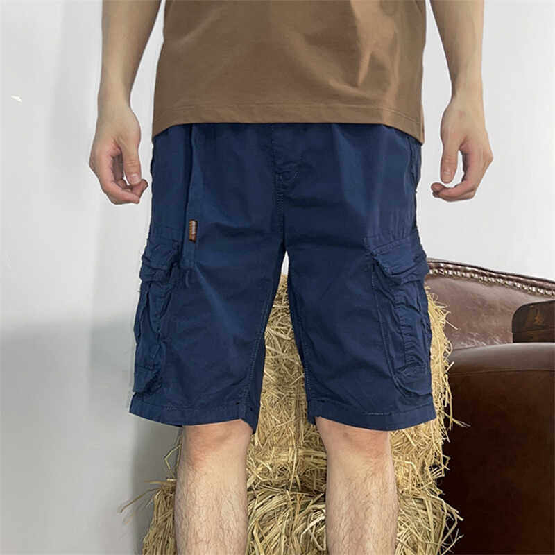 夏季宽松美式重磅休闲工装短裤男潮夏季5分迷彩工装短裤男蓝色潮