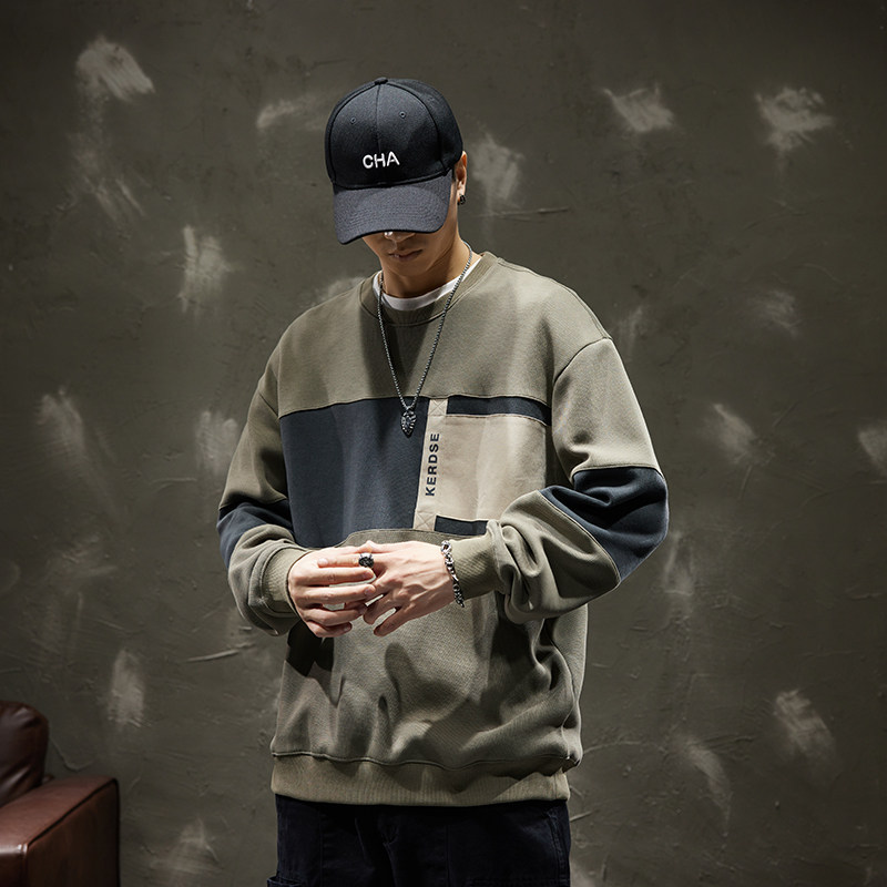 春秋时尚休闲上衣男百搭外套修身2026年工装风拼接卫衣宽松长袖男