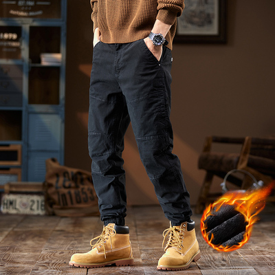 加绒秋冬季新款拼接美式复古弹力工装裤男潮牌束脚宽松休闲长裤子