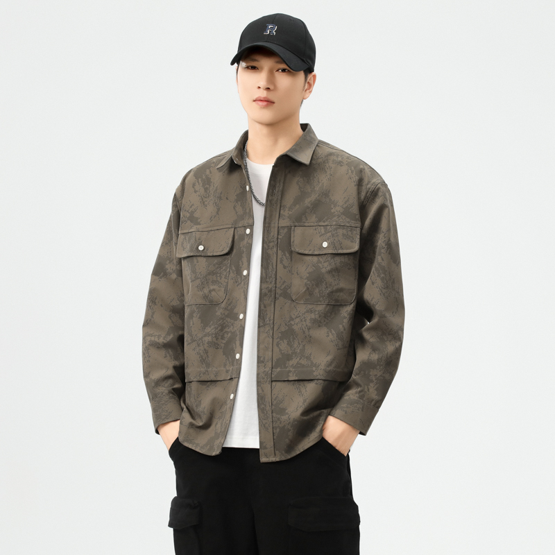 春季新款美式复古潮流宽松休闲男士衬衫时尚特色印花长袖衬衣外套