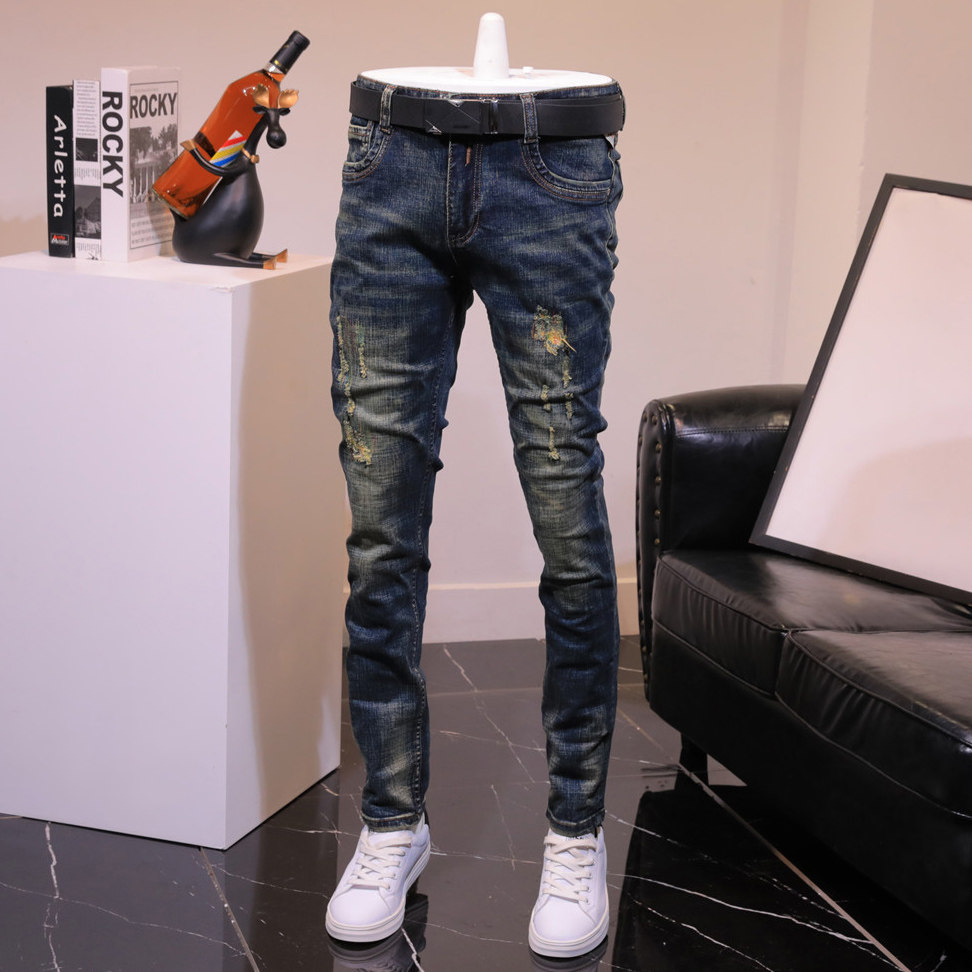春秋破洞补丁复古牛仔裤男潮牌修身小脚休闲怀旧弹力长裤子小直筒