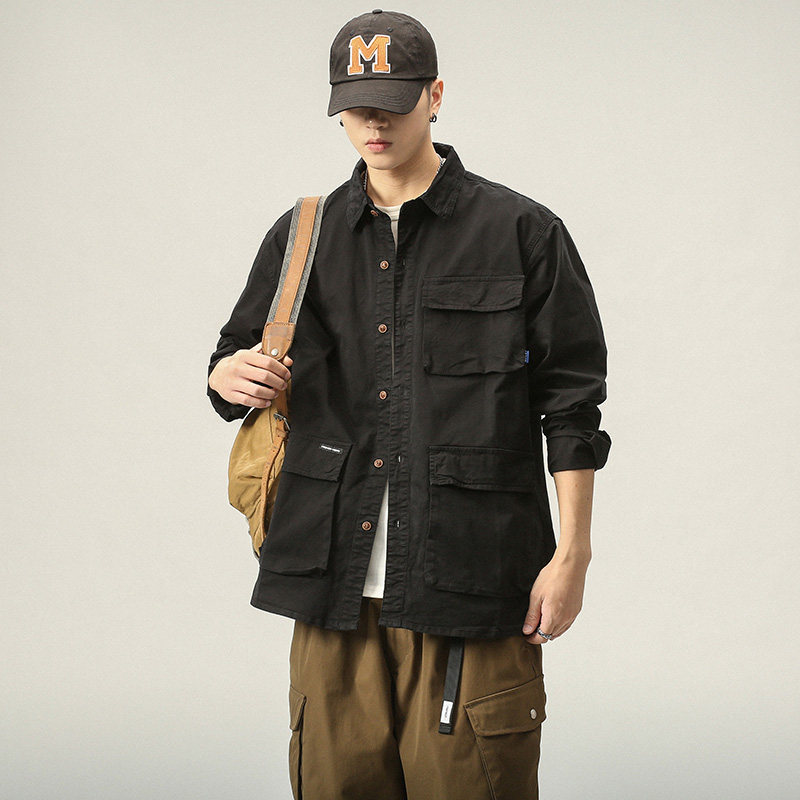 潮牌春秋新款宽松衬衫男士休闲帅气上衣潮流时尚百搭长袖工装外套