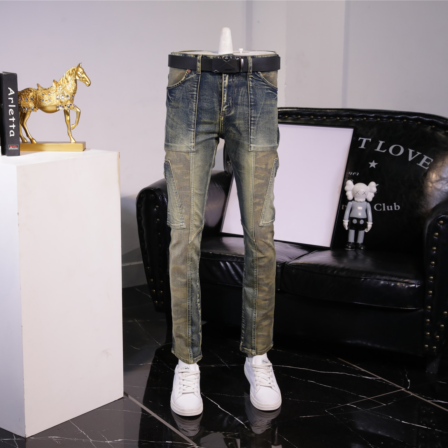 牛仔长裤男做旧拼接潮牌