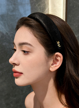 韩系金标VSL字母黑色细闪缎面发箍高颅顶洋气百搭高级感头箍