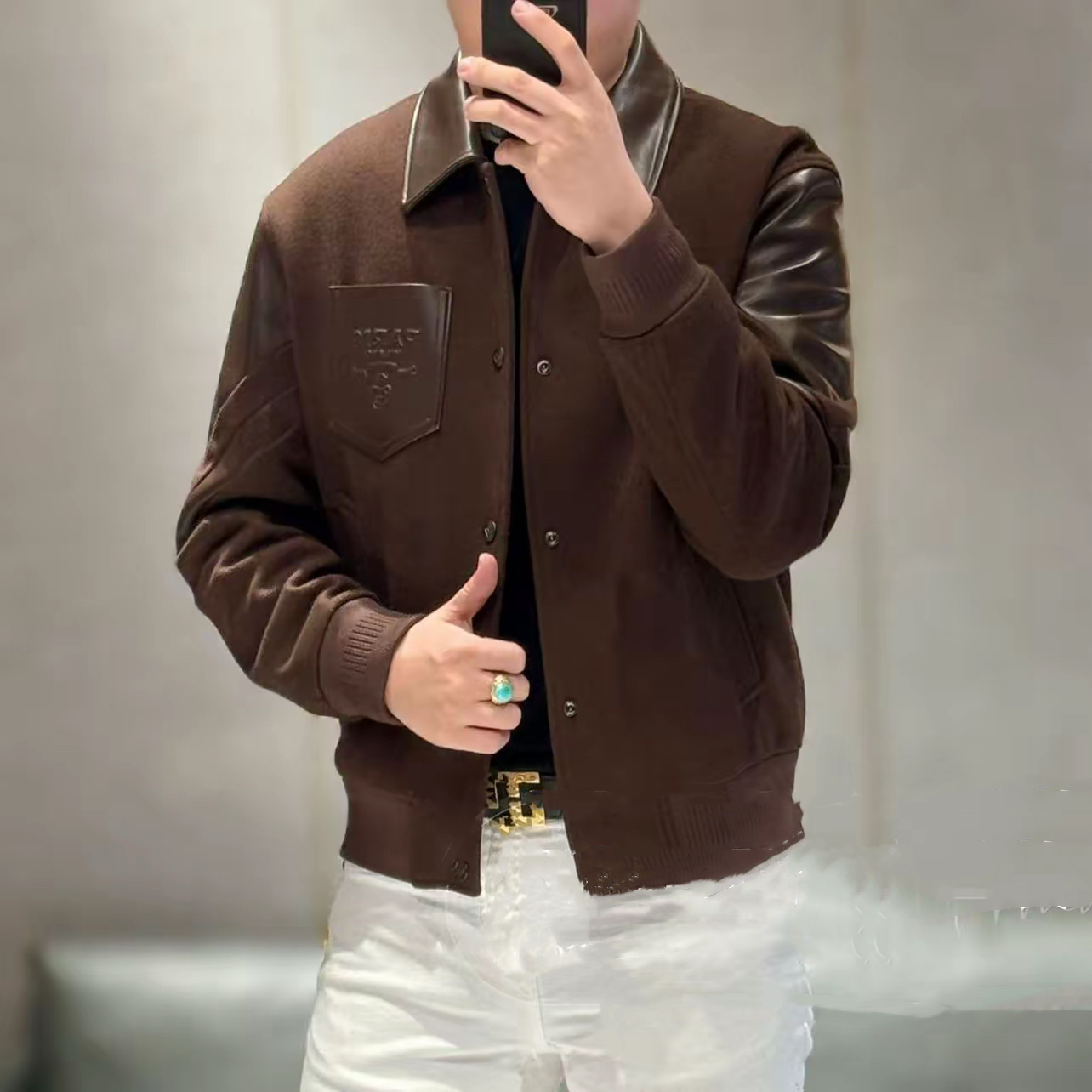 2025秋冬季新品加棉夹克外套欧货高端羊毛拼接皮修身时尚休闲8057