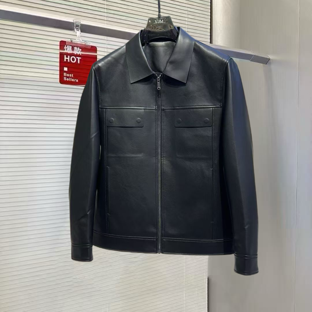 2025秋冬季新品翻领蛋白皮衣夹克外套欧货高端纯色修身简约休闲男