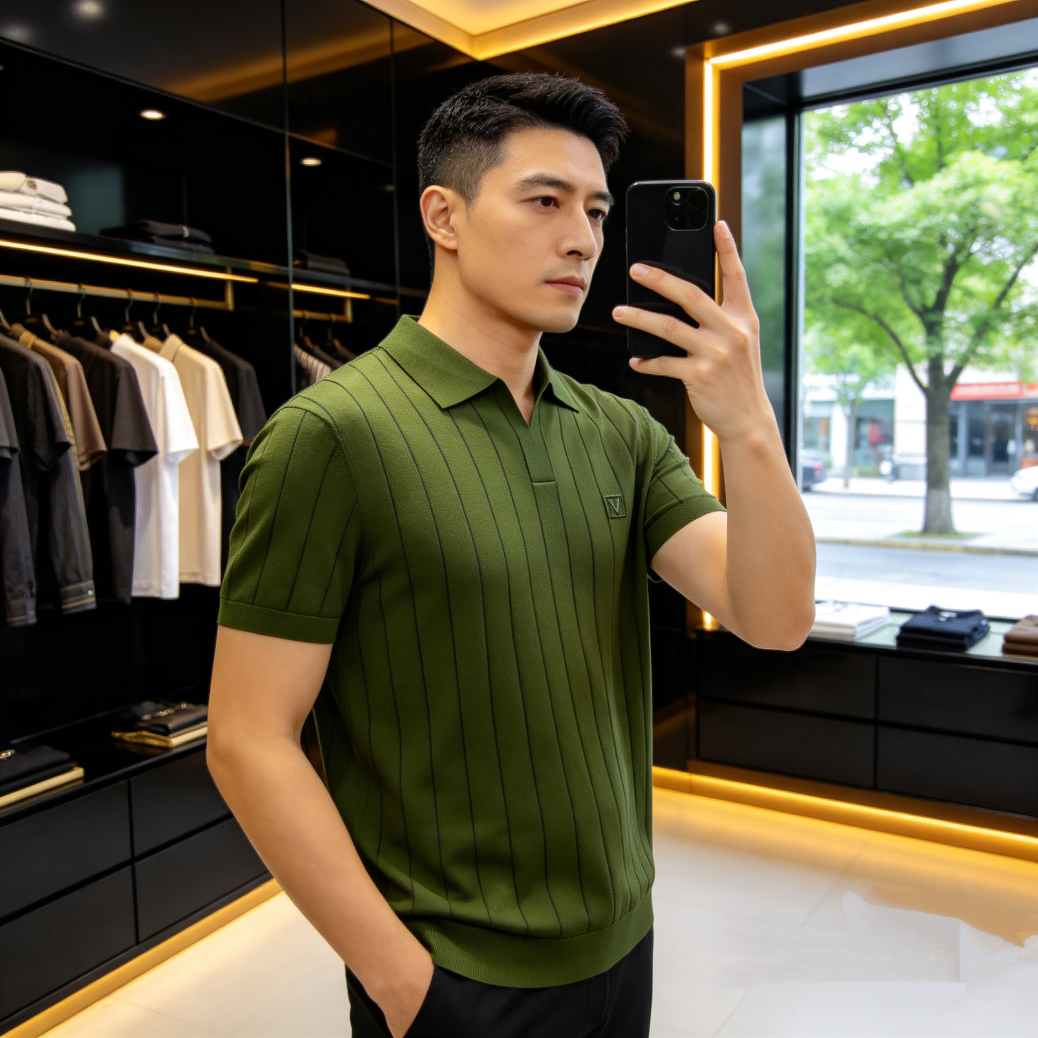 2026夏季新品伊力特冰丝短袖Polo衫欧货高端剪刀领条纹修身休闲男