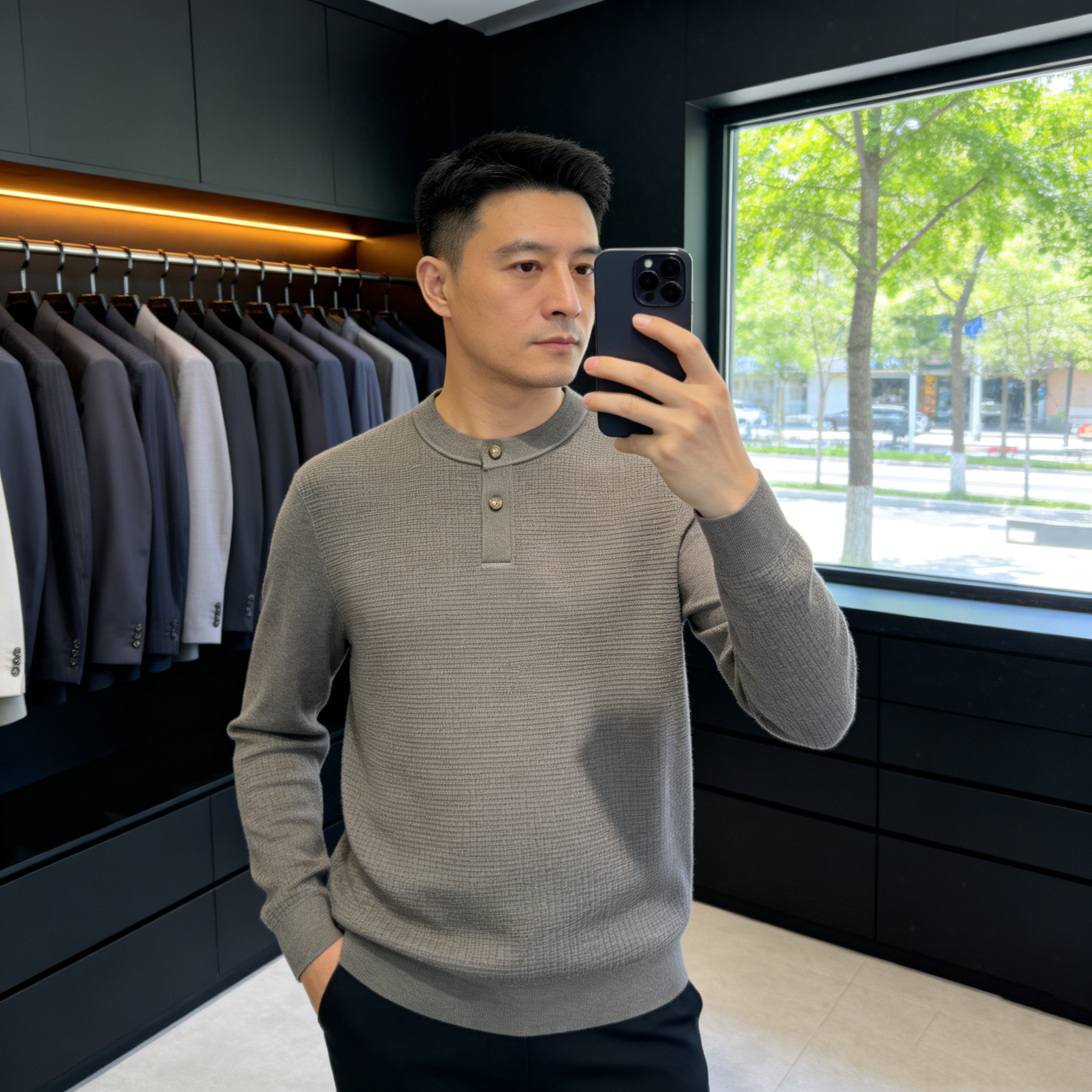 YISHANG潮牌羊毛针织衫长袖毛衣2026秋季新品亨利领修身简约休闲