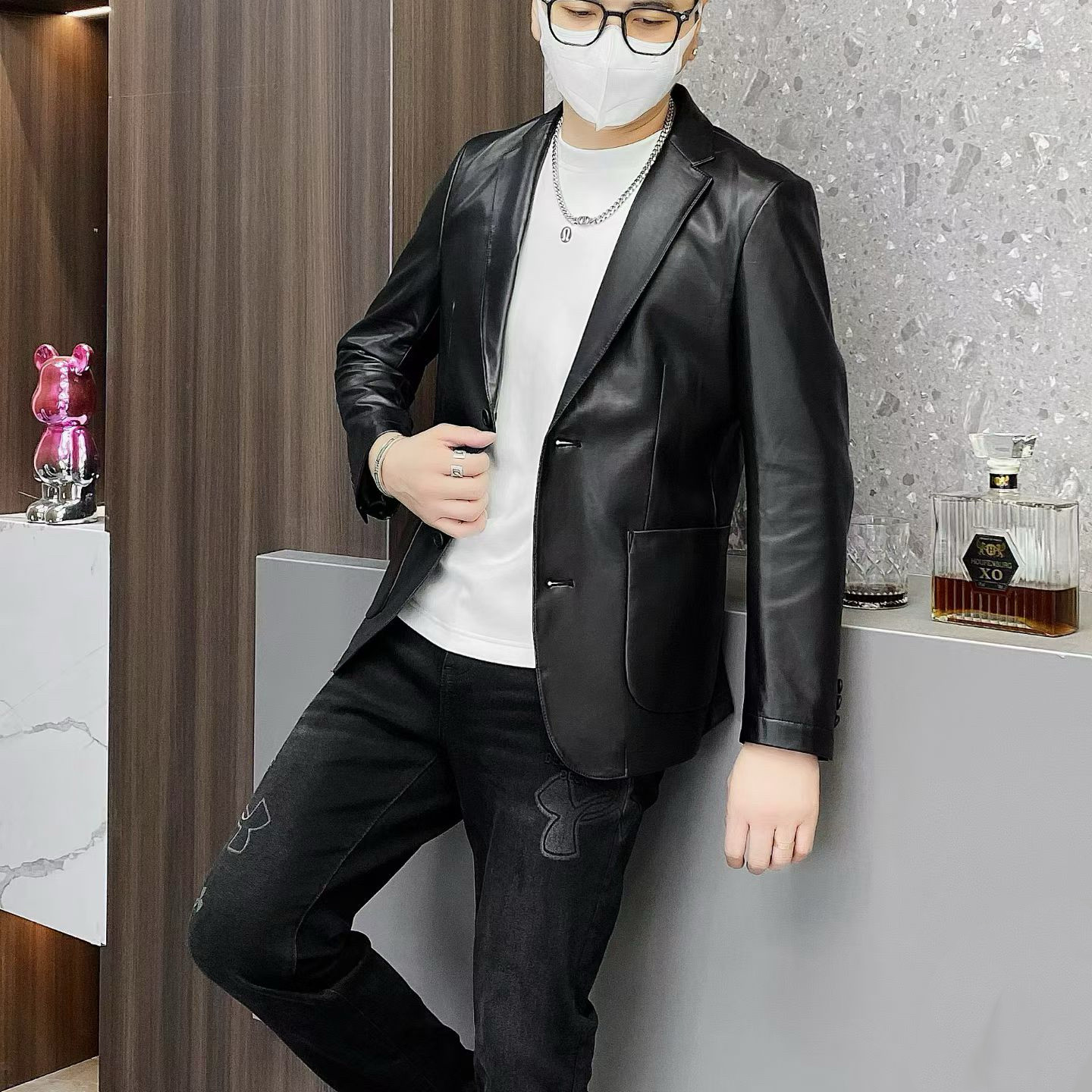 HAEETIEN潮牌绵羊皮便装西服2025秋季新品欧货纯色修身简约休闲男