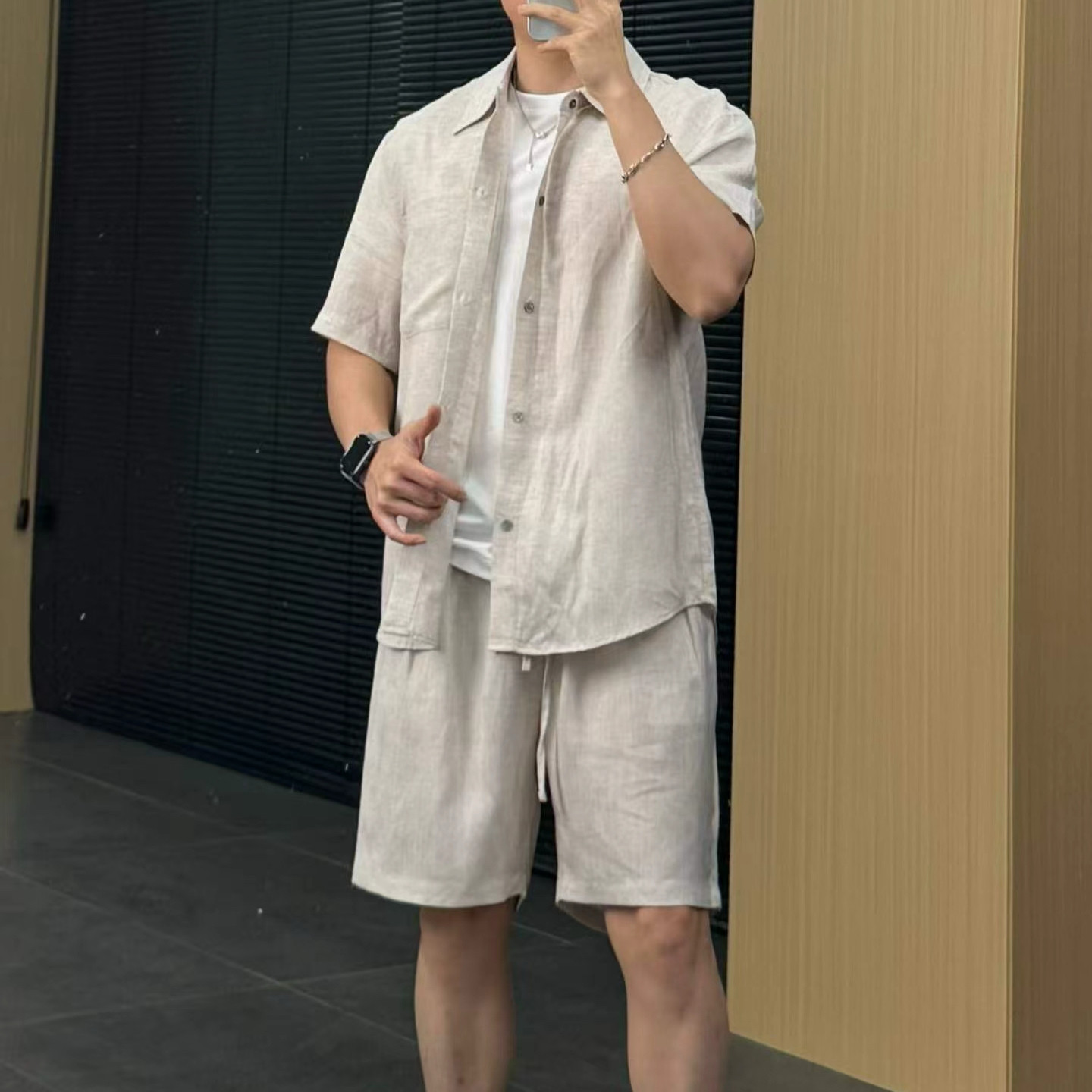 2026夏季新品莱赛尔亚麻衬衫休闲套装欧货高端简约时尚老钱风短裤