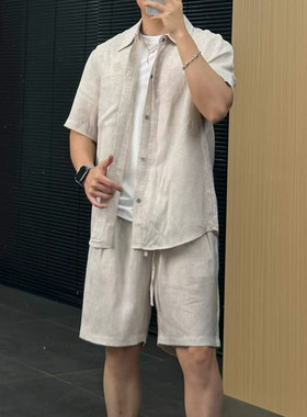 2026夏季新品莱赛尔亚麻衬衫休闲套装欧货高端简约时尚老钱风短裤