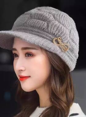 秋冬季女帽加绒保暖针织鸭舌帽毛线防风老太太棉帽冬季妈妈帽子潮