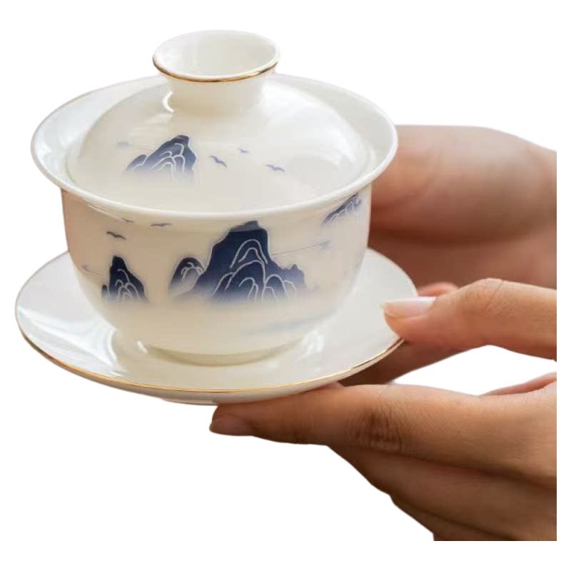 羊脂玉瓷盖碗茶杯陶瓷家用泡茶功夫三才盖碗描金茶碗茶具