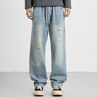 NO BURGER 美式大码水洗做旧破洞牛仔裤男宽松直筒阔腿休闲长裤子