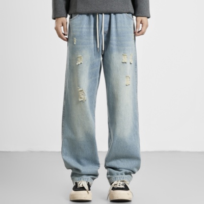 NO BURGER 美式大码水洗做旧破洞牛仔裤男宽松直筒阔腿休闲长裤子