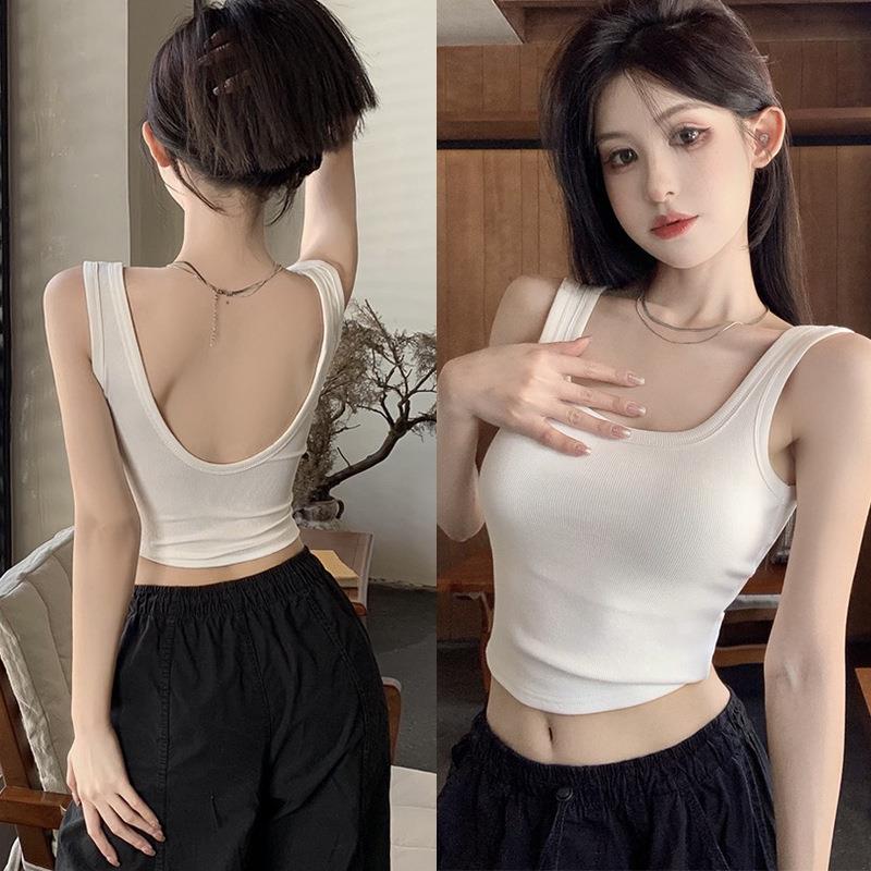 2896#纯欲辣妹不规则百搭美背吊带背心女夏季带胸垫内外穿修身显