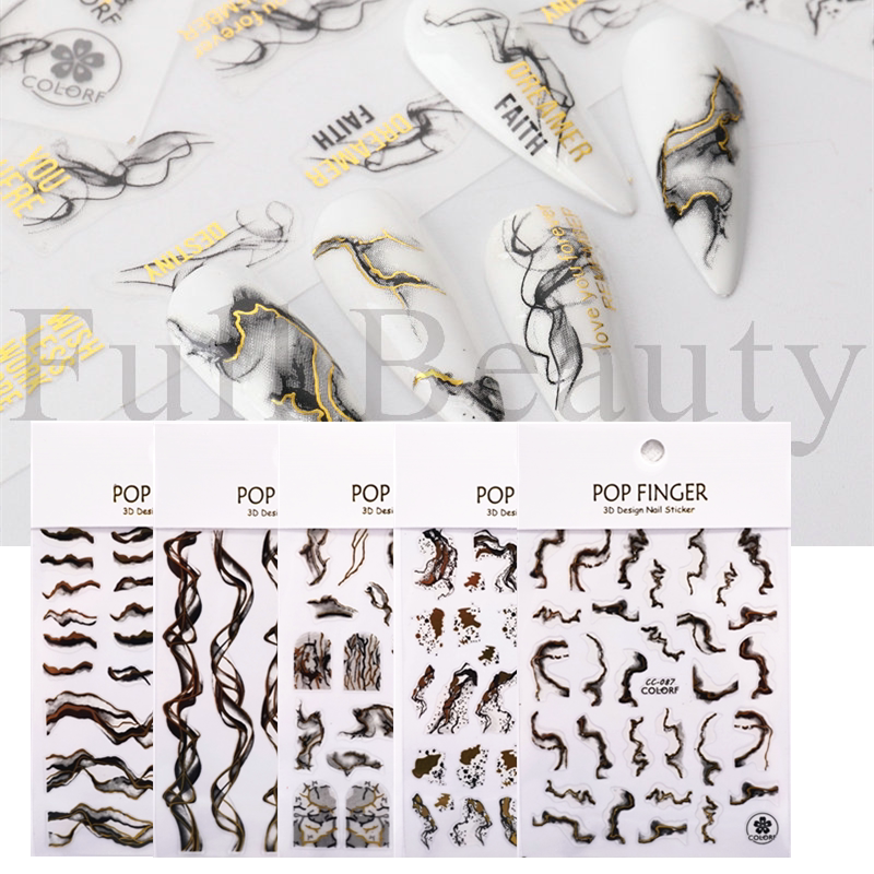 10元包邮可撕指甲贴纸背胶美甲贴花黑白金大理石纹理飘带几何线条