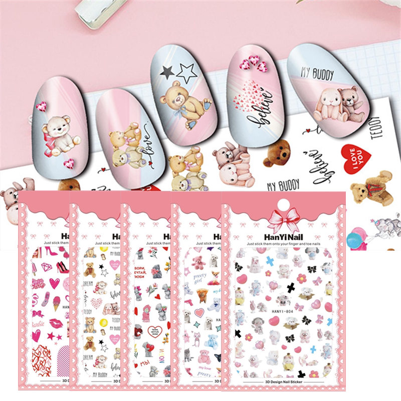10元包邮日式情人节美甲贴纸可撕指甲油胶贴花泰迪熊宠物相亲芭比