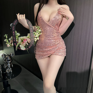 超超短上衣大码加肥加大亮片吊带睡裙深V睡衣包臀裙夜场露背女新