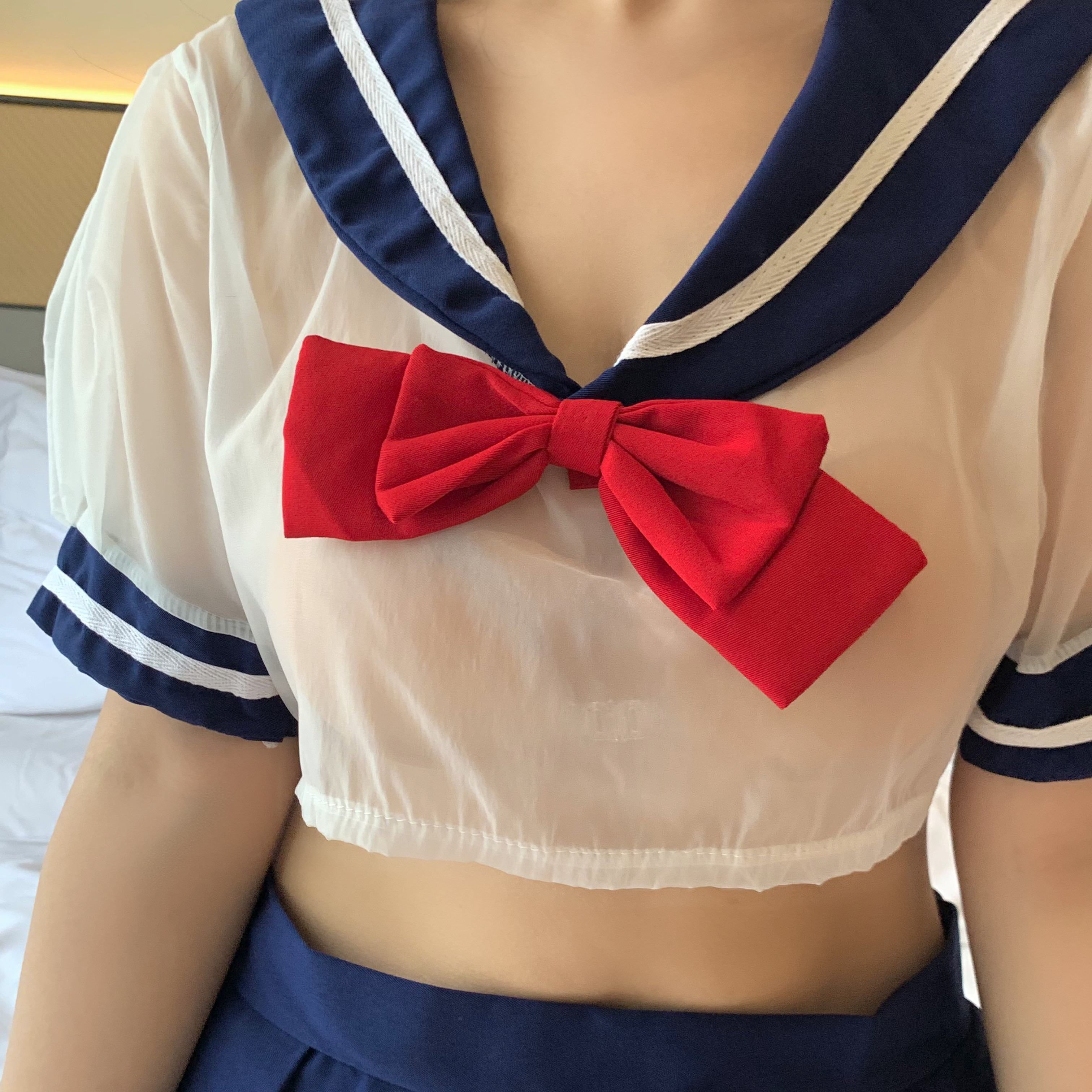 学妹加肥加大码胖妹妹透明日韩学生校服水手服短裙cosplay领JK夏