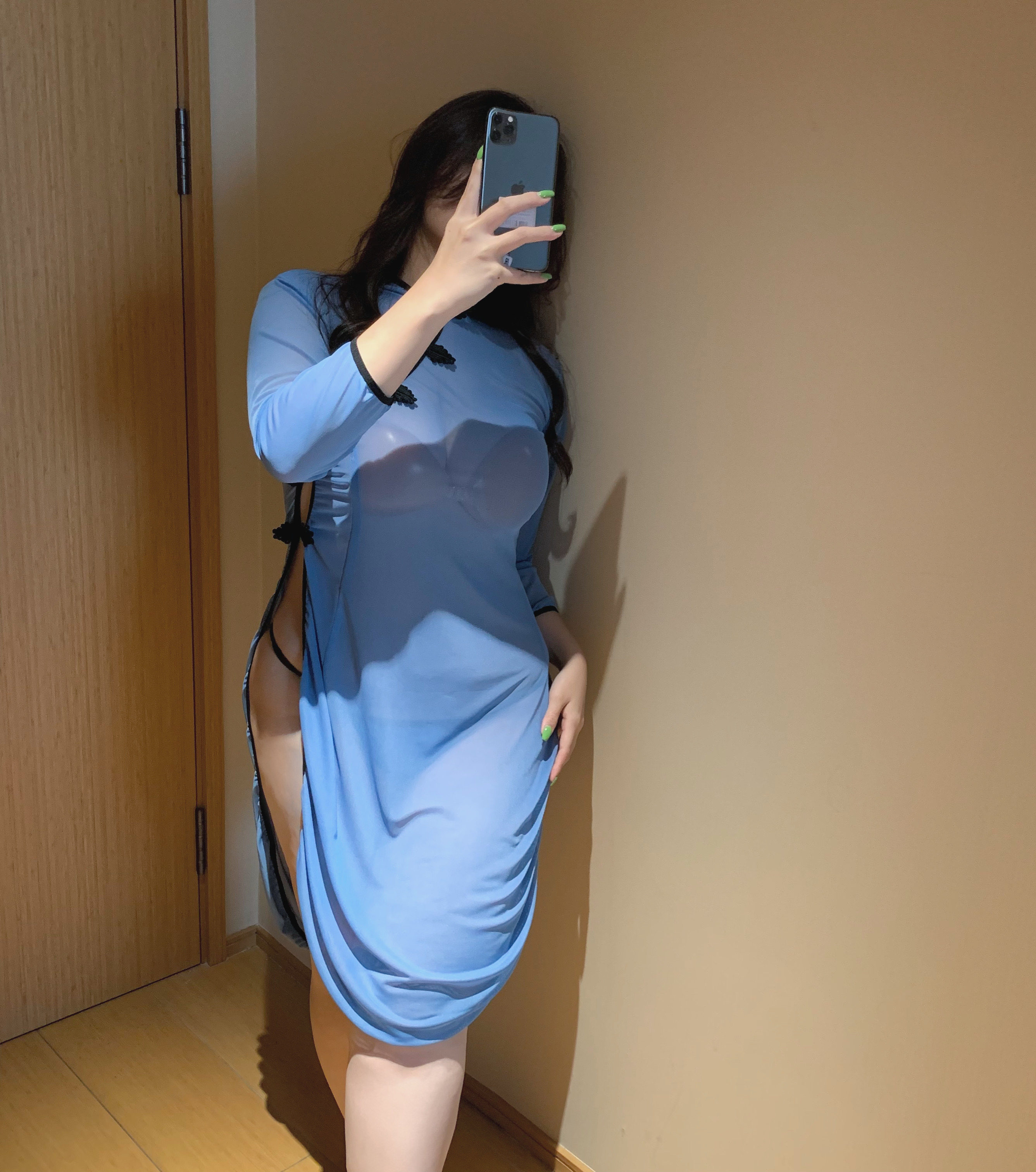 全网纱透明古风盘扣大码200斤旗袍睡衣开叉蓝色学院胖mm民国学生