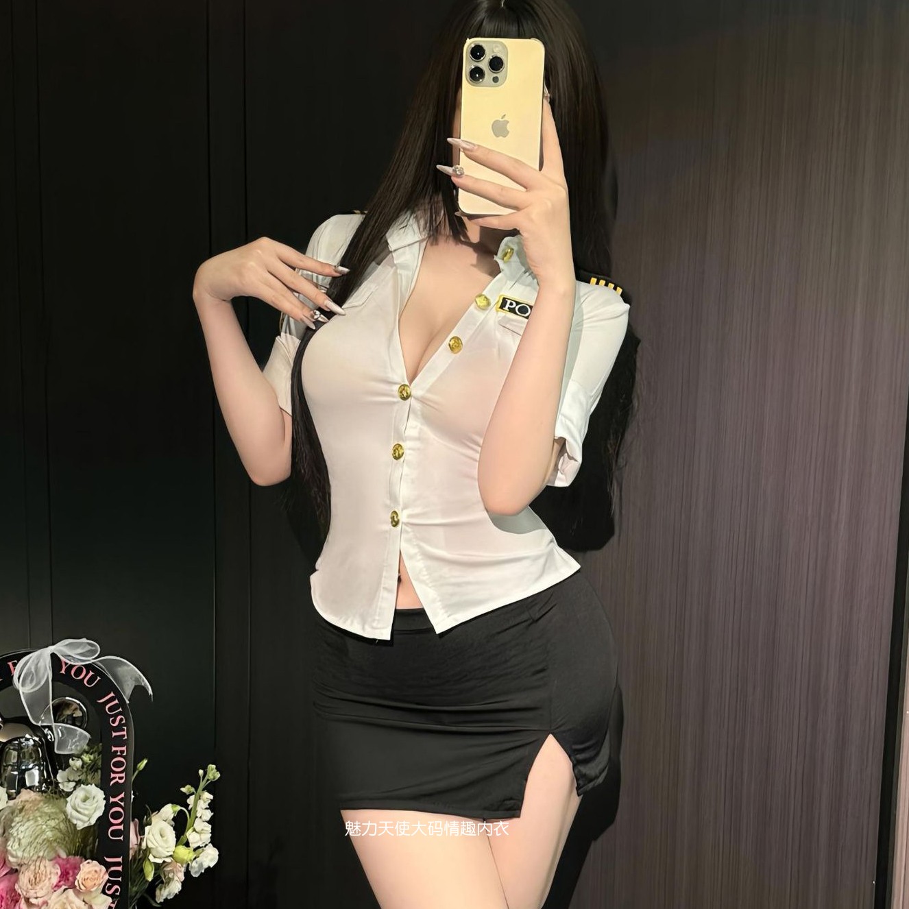 翻领白色衬衫短袖超薄透气黑色紧身包臀裙cos空姐制服大码女装胖m