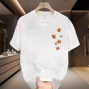 品质T恤 男装 230克重磅纯棉圆领潮牌简约枫叶印花短袖 港风潮牌大码