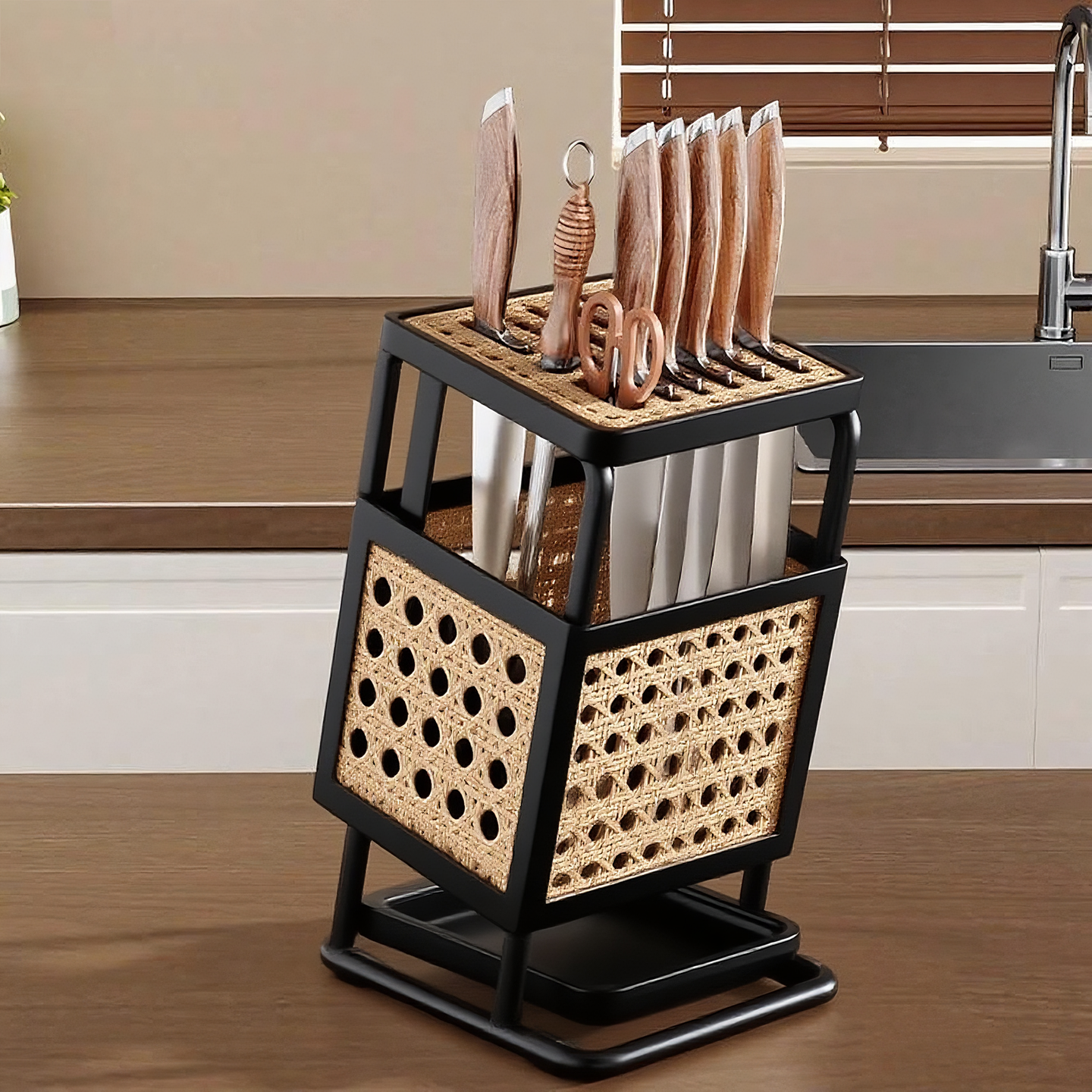 厨房多功能旋转刀架沥水收纳