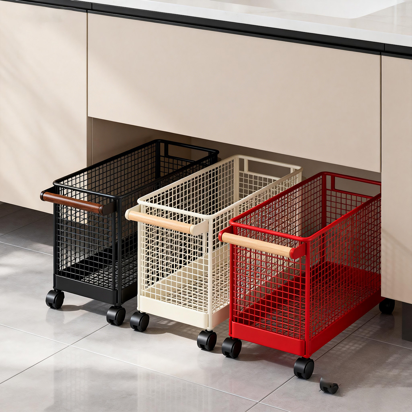 柜下置物架洗手台下带滑轮收纳筐脏衣袜子整理筐清洁用品储物篮筐