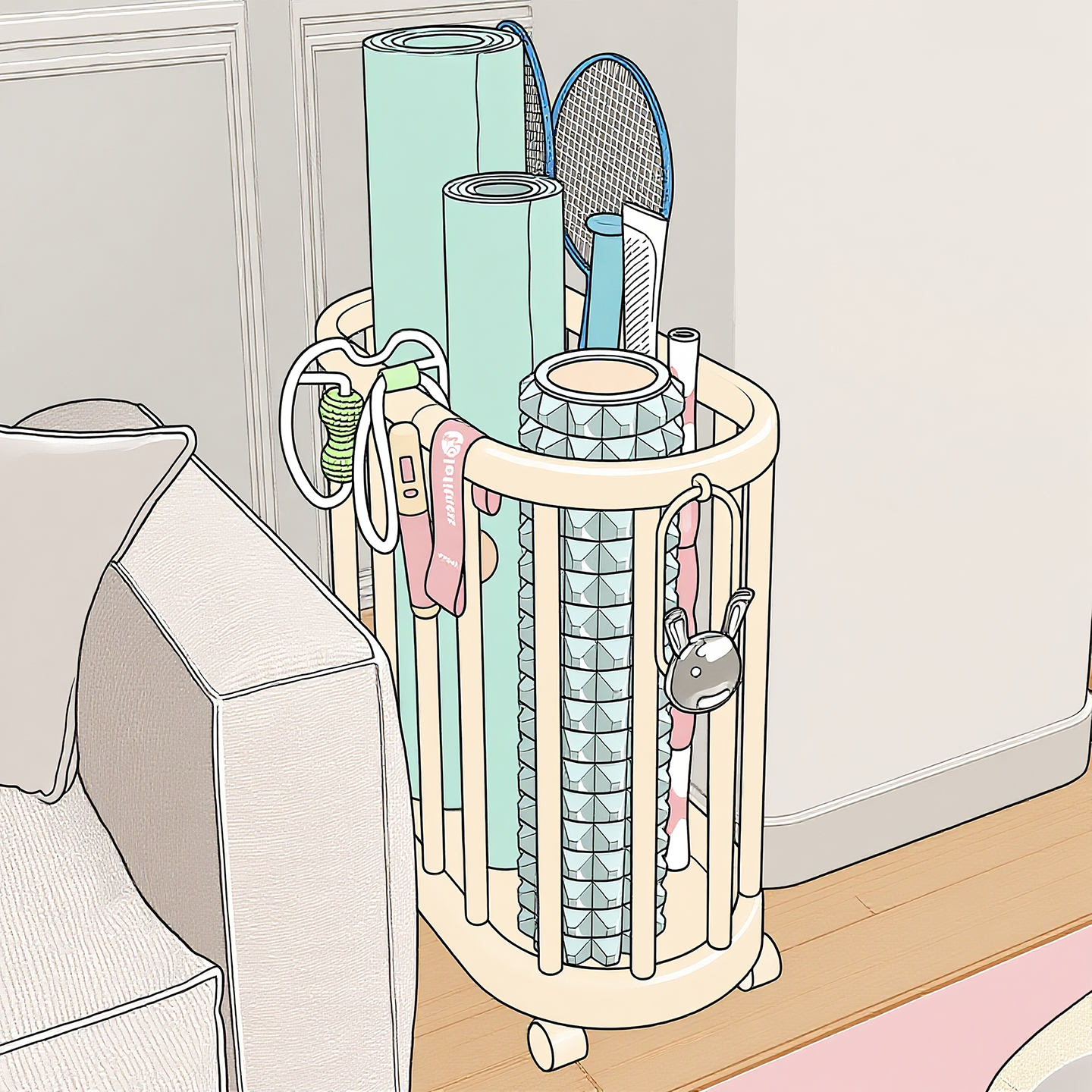 瑜伽垫收纳筐健身器材用具整理筐运动工具羽毛球拍泡沫滚轴置物架