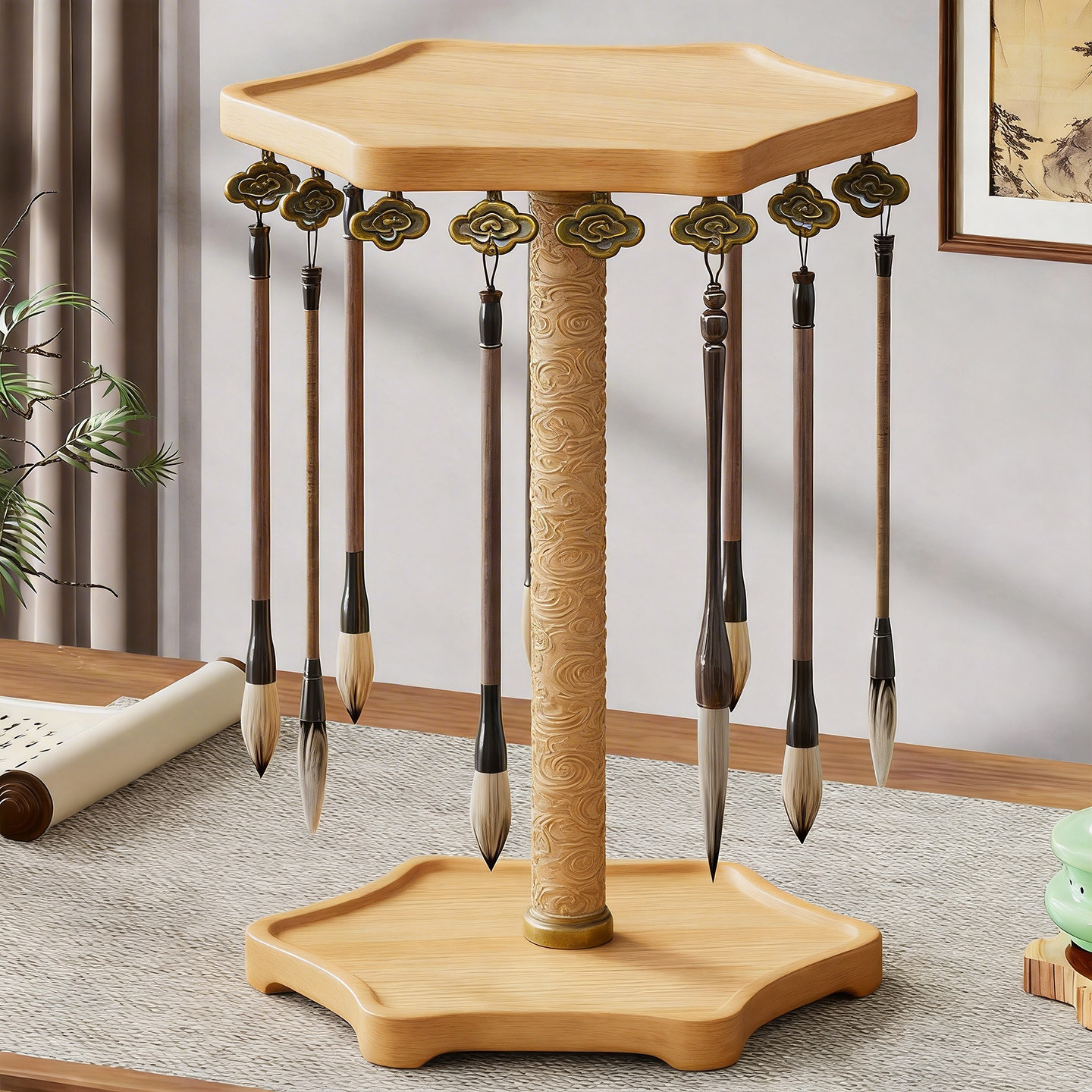 毛笔收纳架桌面实木毛笔架家用书法用品置物架子书桌文房四宝挂架