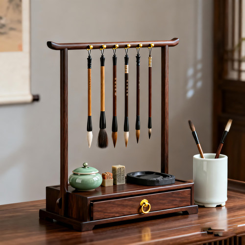 实木毛笔挂架双层笔挂收纳架