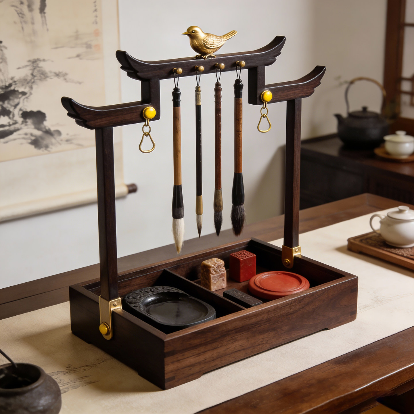 新中式实木毛笔架书法用品收纳盒子文房四宝实木笔挂书桌桌面摆件