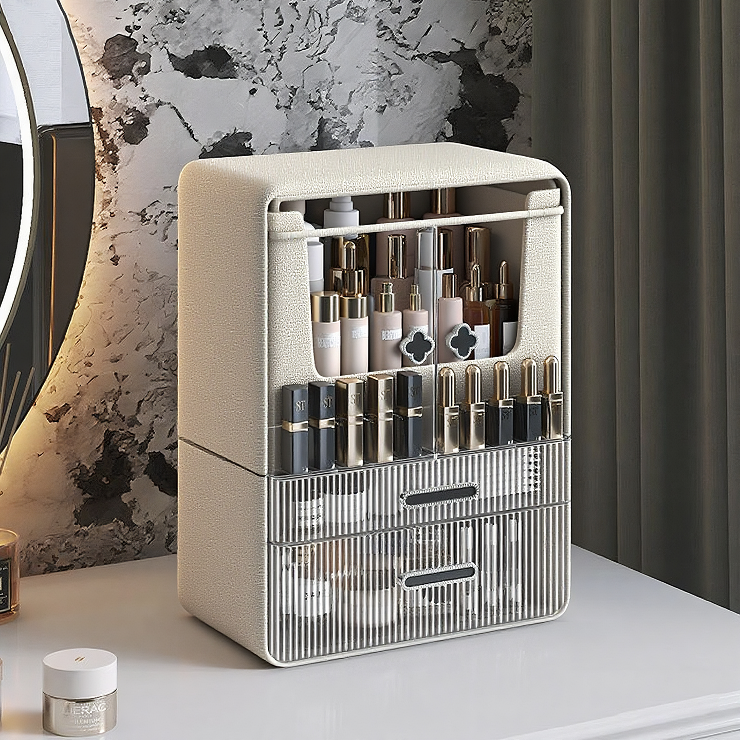 化妆品收纳架梳妆台面双开门化妆箱口红眼影粉底液分类整理置物架,收纳整理,桌面收纳盒,淘宝优惠券,粉丝福利购,淘宝优惠卷