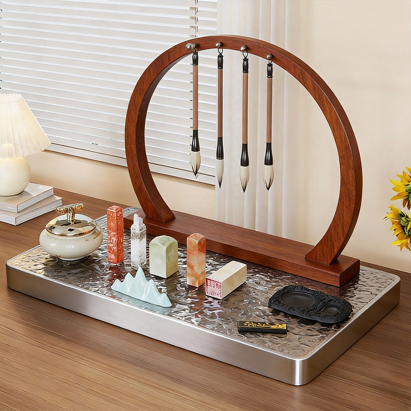 毛笔收纳架桌面书法用品储物架家用文房四宝置物架书桌多钩毛笔架