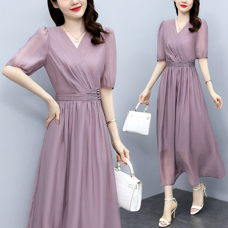 天丝连衣裙高级感2025新款韩版遮肚子减龄裙子女夏季气质显瘦长裙