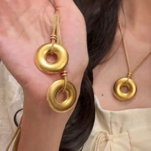 平安扣吊坠新款编绳古法传承甜甜圈项链黄金色实心越南沙金毛衣链